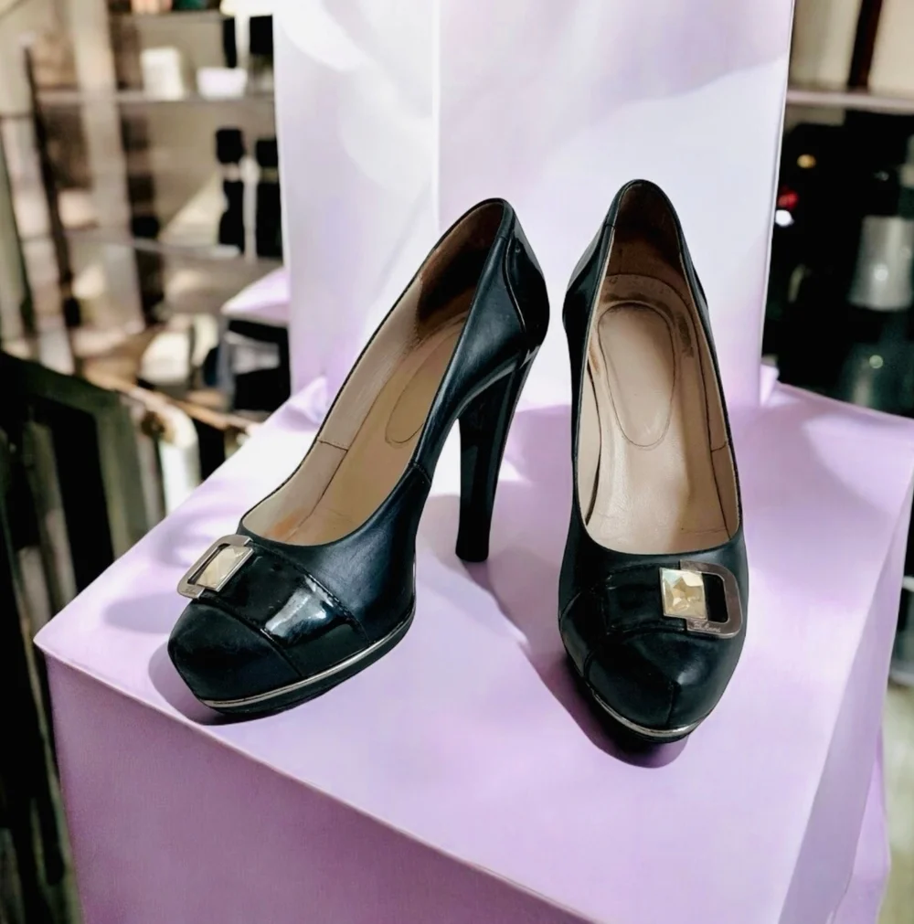 FABIANI Italy Black Leather Crystal Stiletto Heels Platform Pumps Designer Shoes